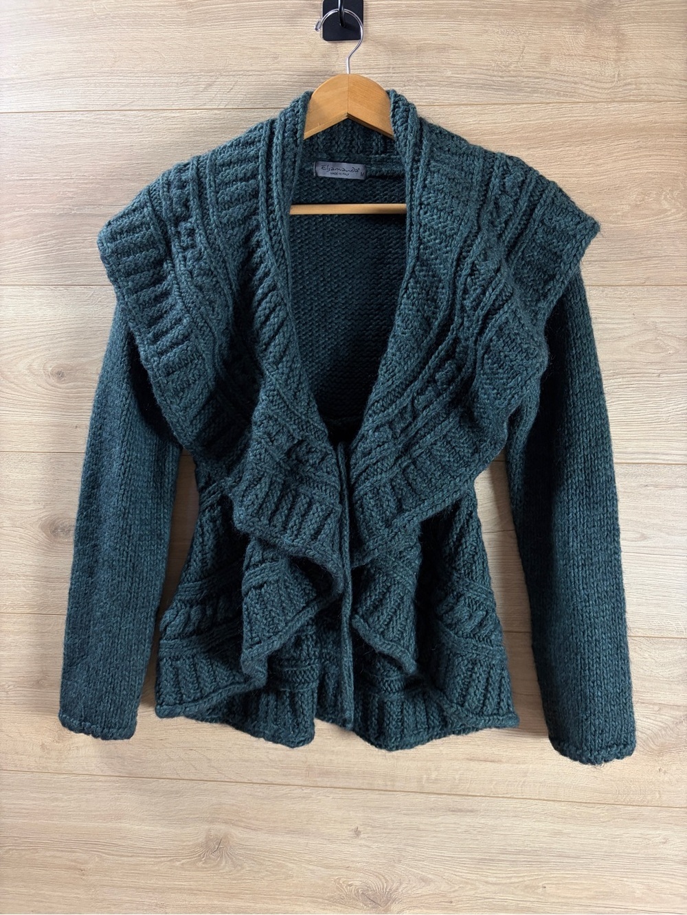 Elsamanda Alpaca Wool Blend Ruffle Tie-Front Teal Cardigan Sweater Medium